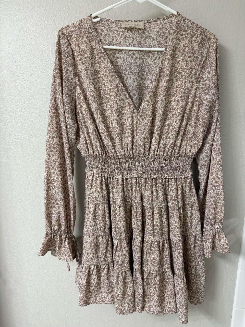 Smocked Waist V-Neck Long Sleeve Floral Dress - Cream Floral